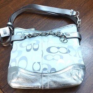 Coach 19820 Optic Silver Signature Chain North South Duffle with Silver Leather
